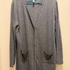 Ribbed Long Cardigan with Pockets - Gray
